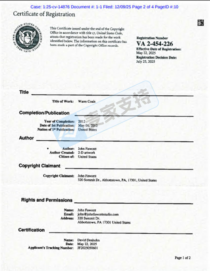 5-cv-14876，美洲原住民风插画爆雷！keith代理John