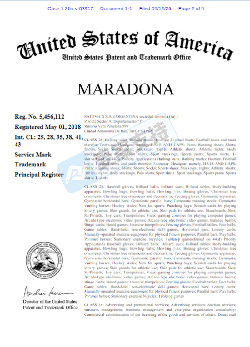 6-cv-03917,足球之王Maradona商标维权,跨境卖家需注意,多个类目有侵权风险"