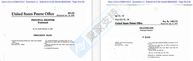 4-cv-22963，Fender公司委托BSF律所发起TRO维权，涉及这些商标"