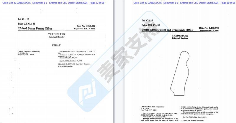 4-cv-22963，Fender公司委托BSF律所发起TRO维权，涉及这些商标"