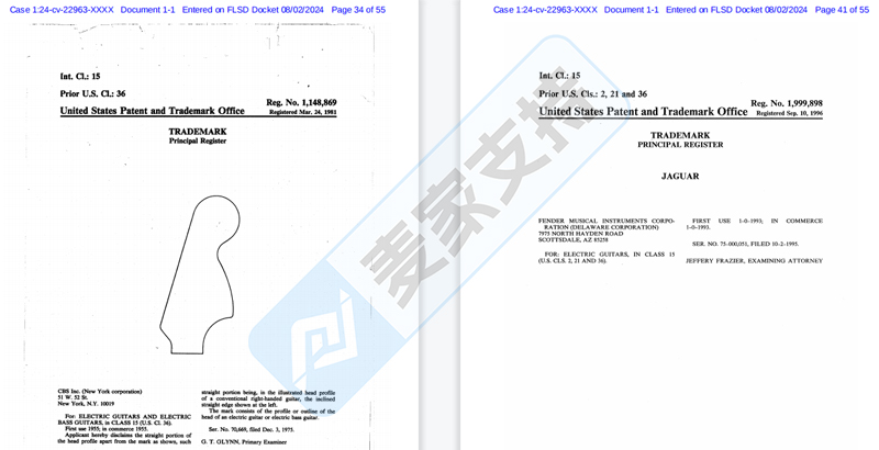 4-cv-22963，Fender公司委托BSF律所发起TRO维权，涉及这些商标"