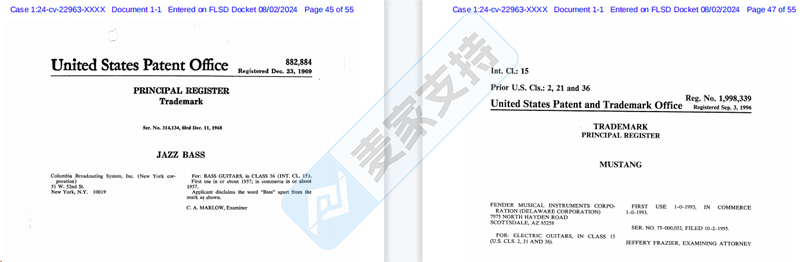 4-cv-22963，Fender公司委托BSF律所发起TRO维权，涉及这些商标"