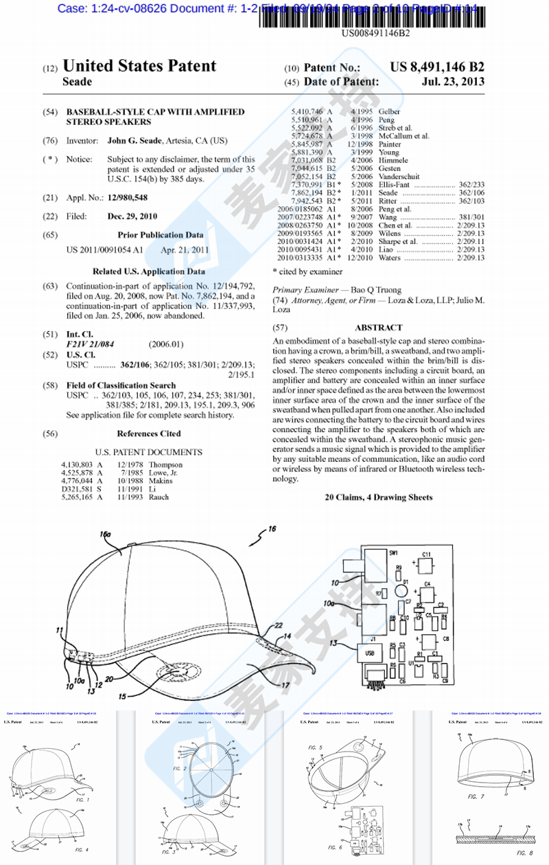 4-cv-08626，带音箱的棒球帽专利TRO维权，跨境卖家请立即排查"