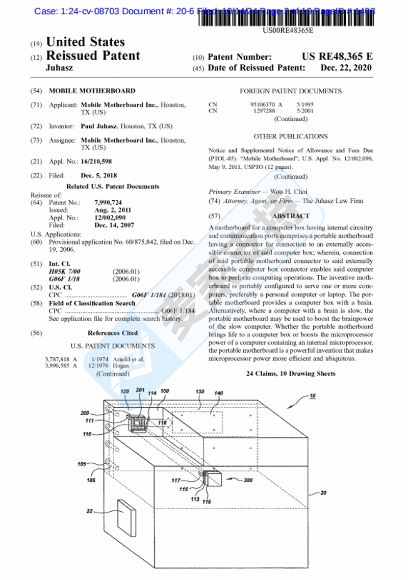 4-cv-08703，TRO冻结小众领域——移动主板专利维权，已申请PI"