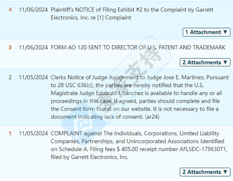 4-cv-24346，BSF代理Garrett维权强势来袭，涉及多个商标及专利，尚未冻结！"