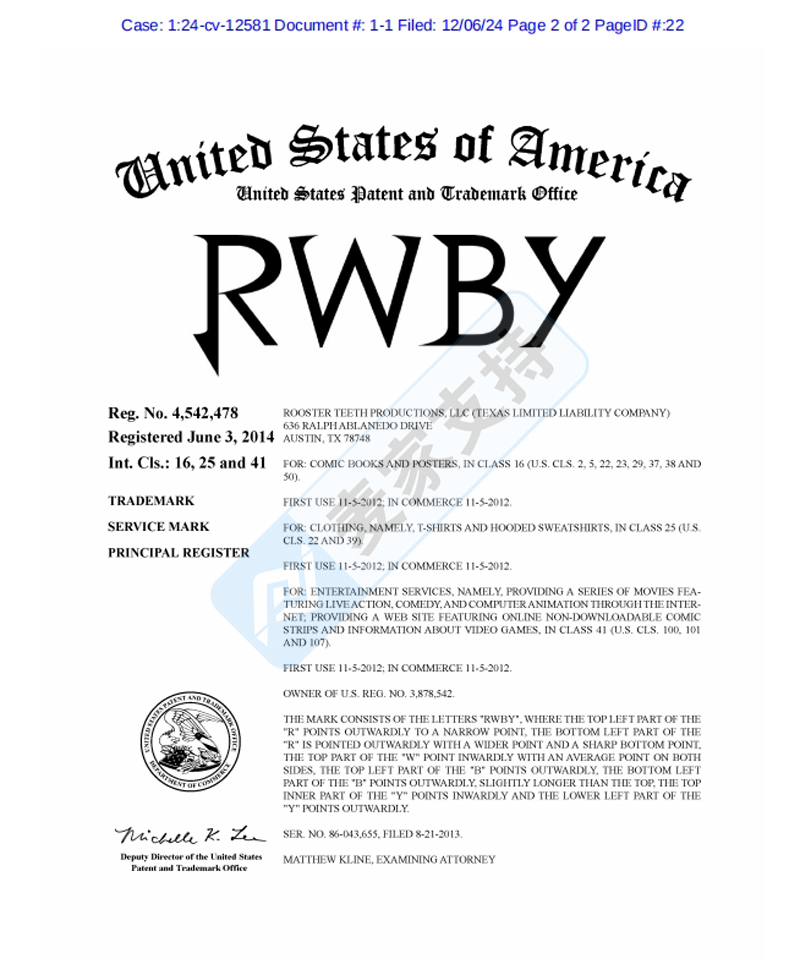 4-cv-12581，RWBY商标及多个版权维权，跨境卖家速速避雷！"